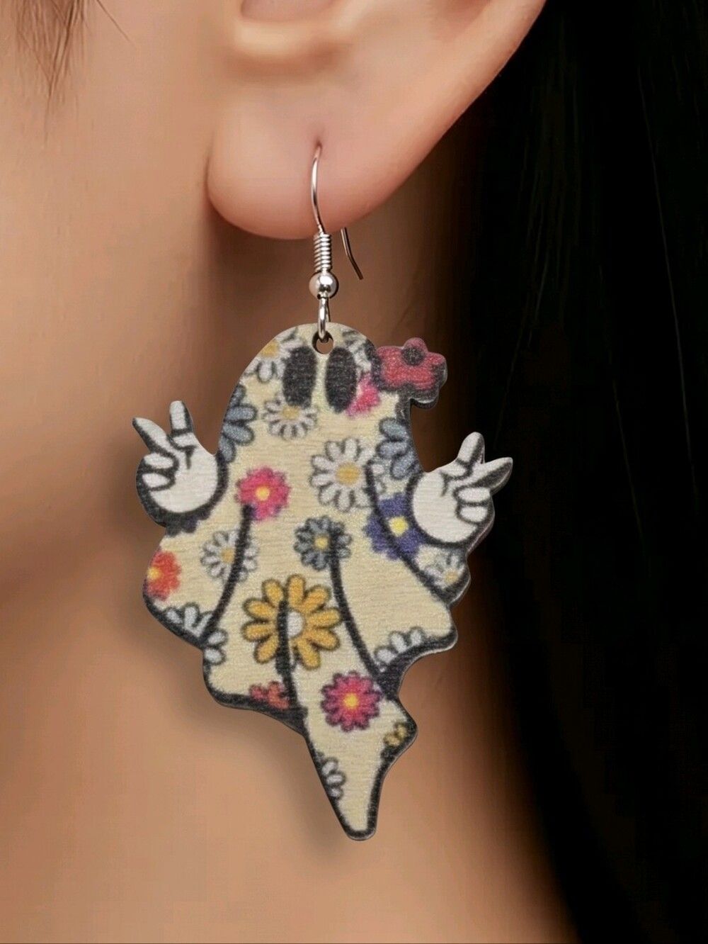 Ghost Peace Sign Earrings Floral Hippie Halloween Wooden Cute Spooky Dangle New